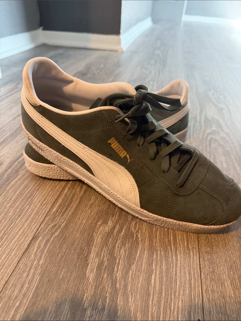 Puma Olive Green and White Suede Low-Top Sneakers